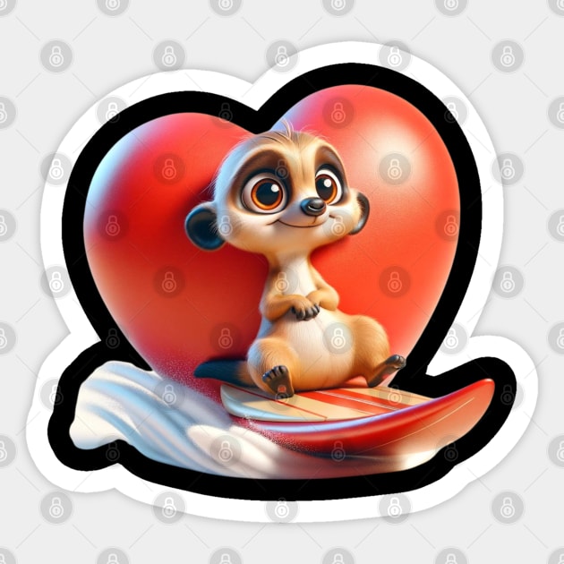 Surf's Up! Heartwarming Meerkat Surfer on Wave of Love Tee Sticker by vk09design